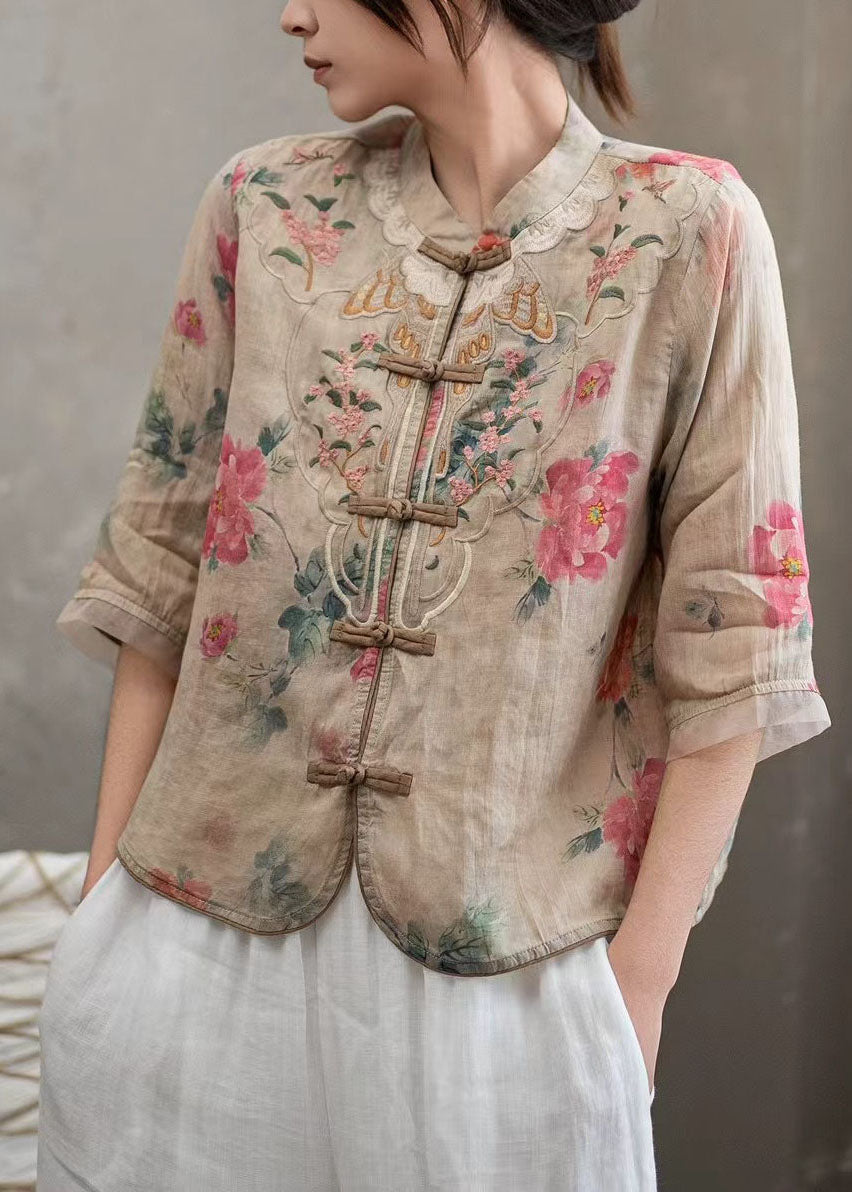Chinese Style Pink Stand Collar Embroidered Linen Shirts Bracelet Sleeve