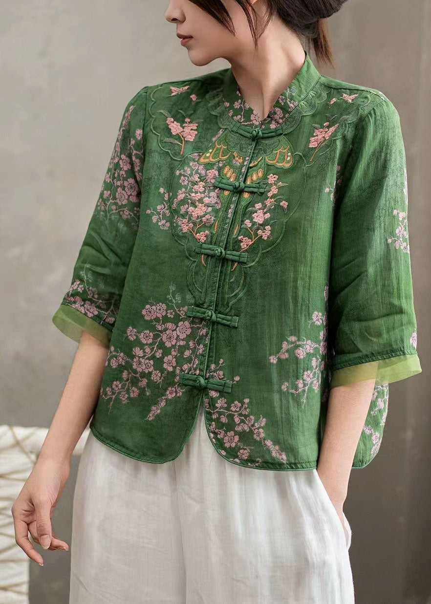 Chinese Style Pink Stand Collar Embroidered Linen Shirts Bracelet Sleeve