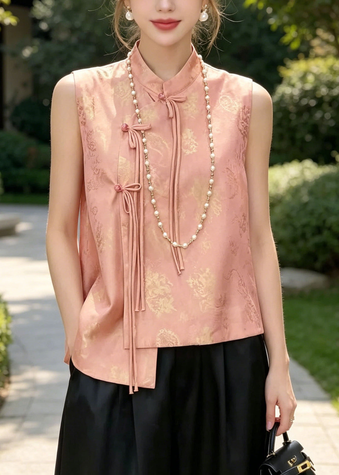 Chinese Style Pink Stand Collar Jacquard Silk Vest Tops Spring