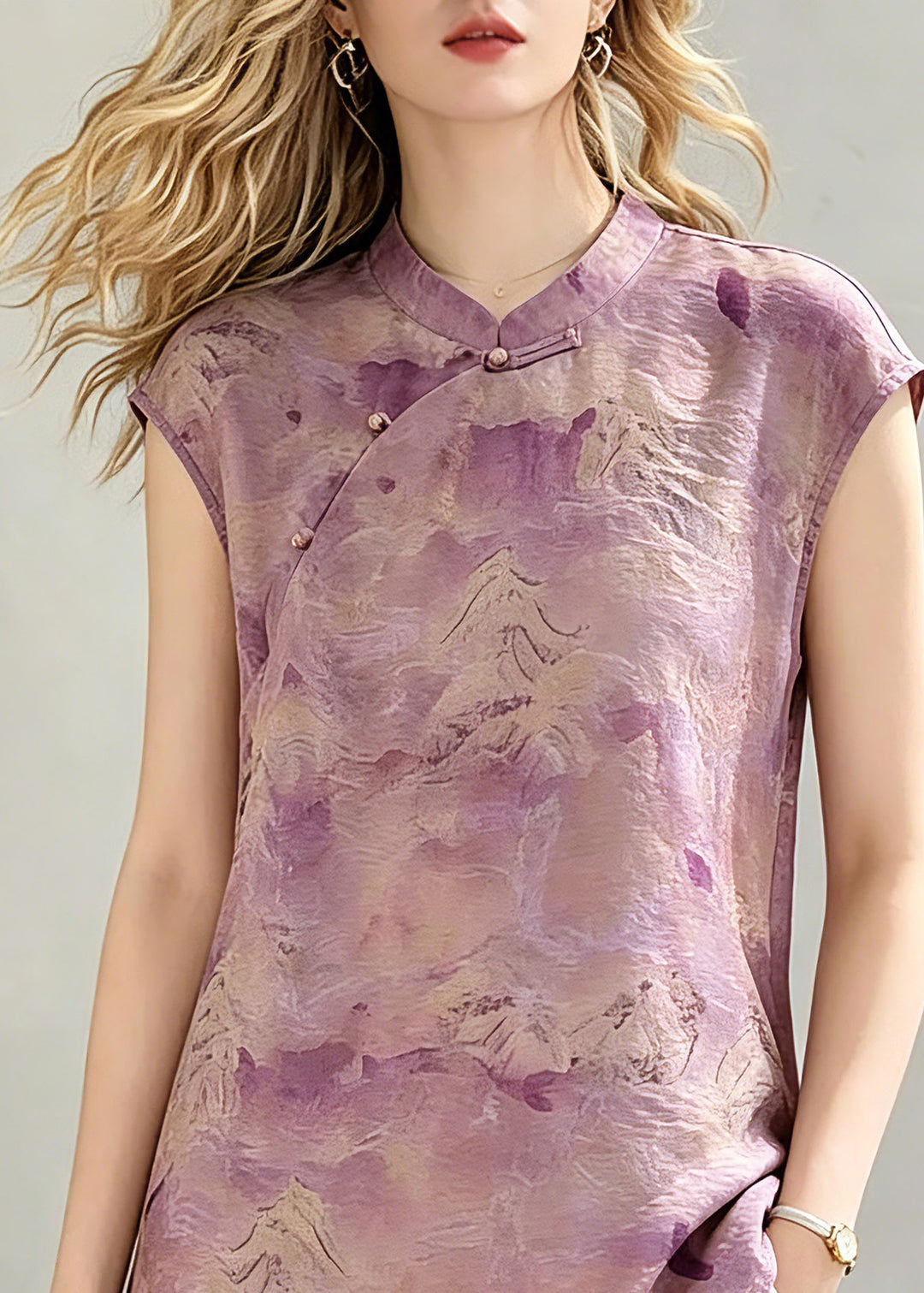 Chinese Style Pink Stand Collar Tops Summer