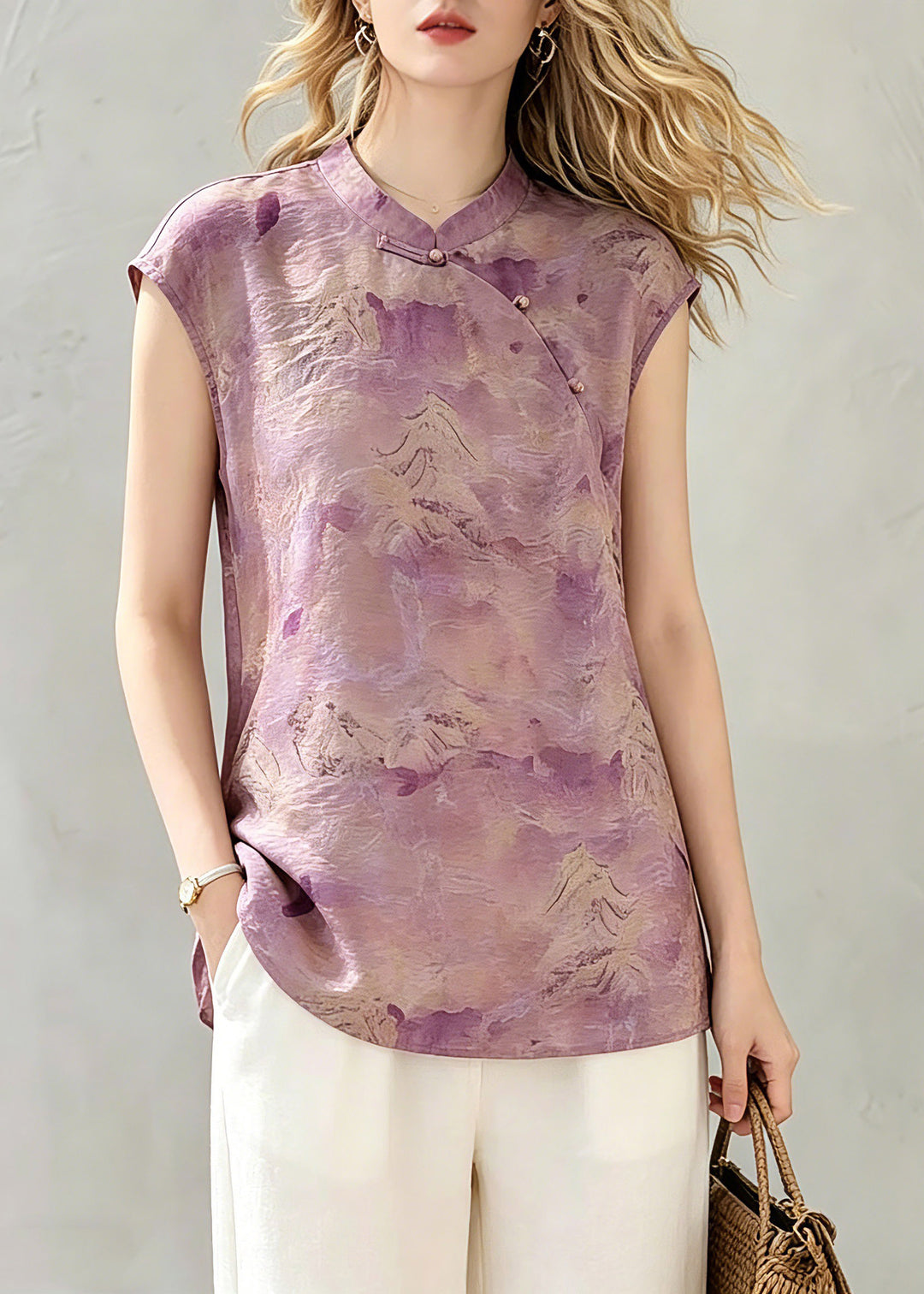 Chinese Style Pink Stand Collar Tops Summer