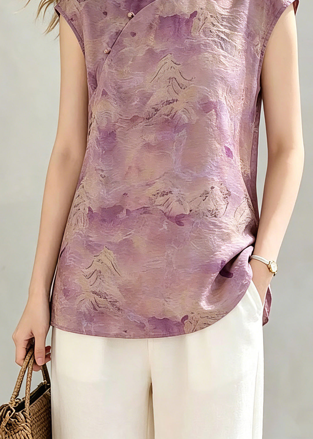 Chinese Style Pink Stand Collar Tops Summer