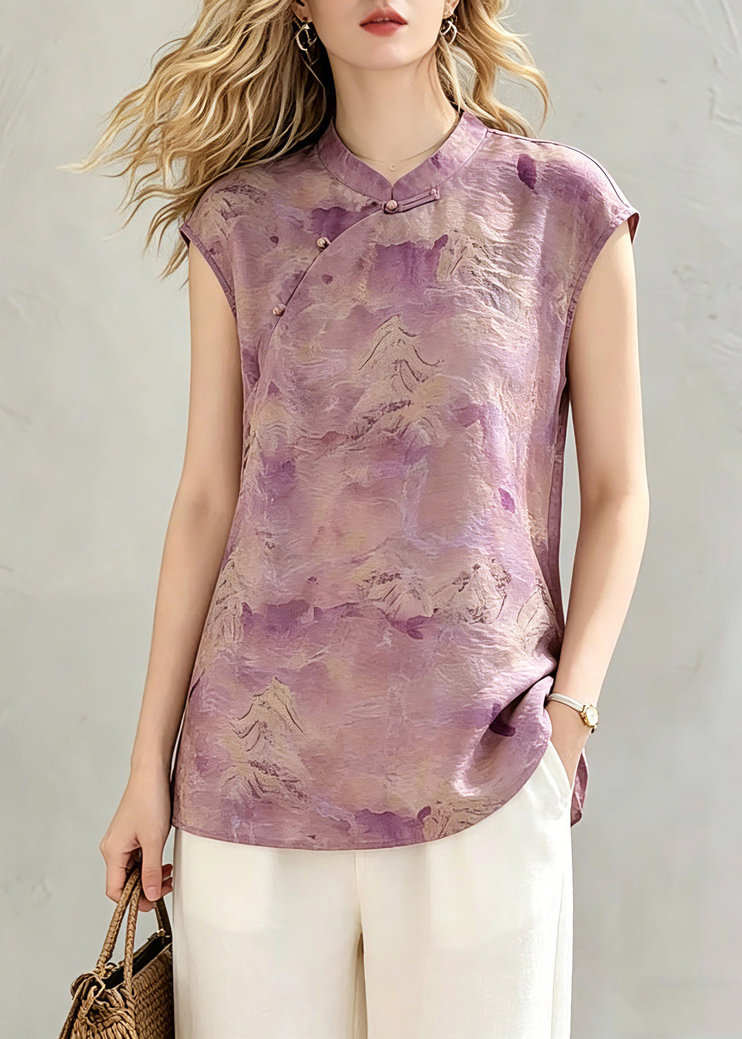 Chinese Style Pink Stand Collar Tops Summer