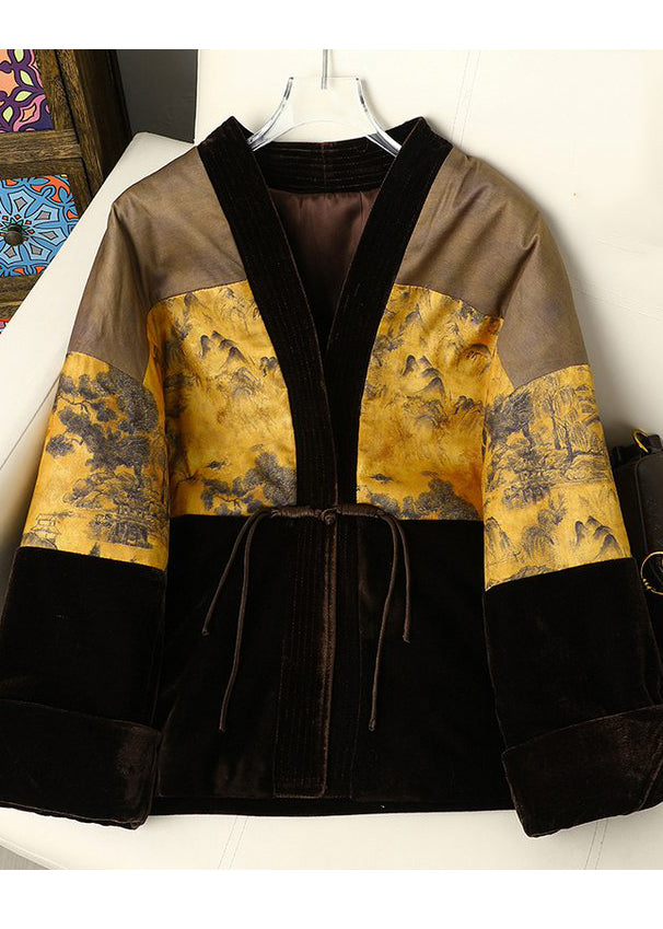 Chinese Style Print Patchwork Fine Cotton Filled Silk Velvet Jacket Winter