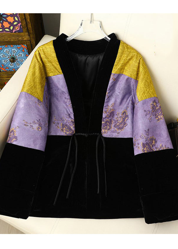 Chinese Style Print Patchwork Fine Cotton Filled Silk Velvet Jacket Winter