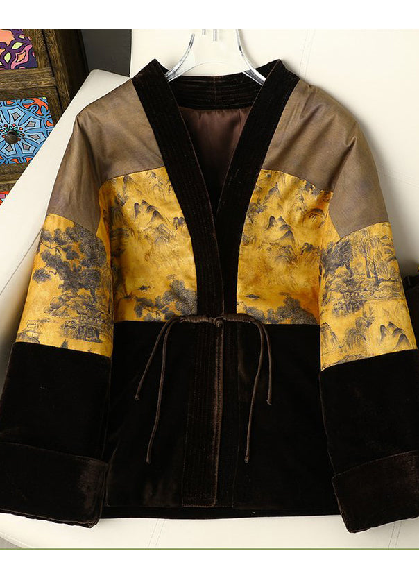 Chinese Style Print Patchwork Fine Cotton Filled Silk Velvet Jacket Winter