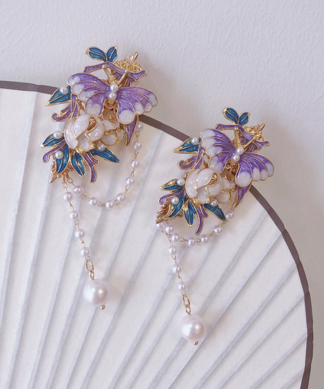 Chinese Style Purple Alloy Pearl Cloisonne Enamel Tassel A Pair Hairpin