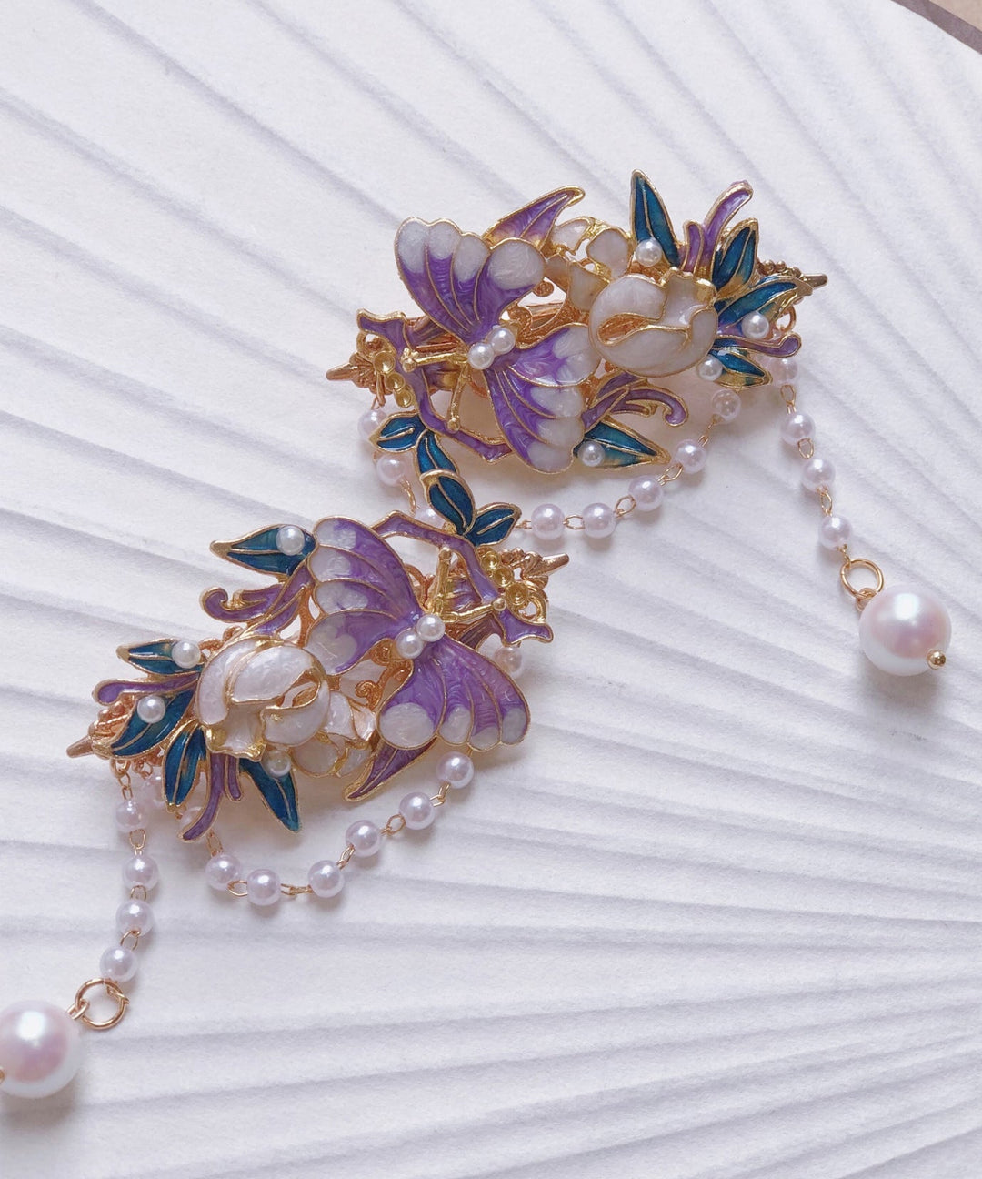 Chinese Style Purple Alloy Pearl Cloisonne Enamel Tassel A Pair Hairpin