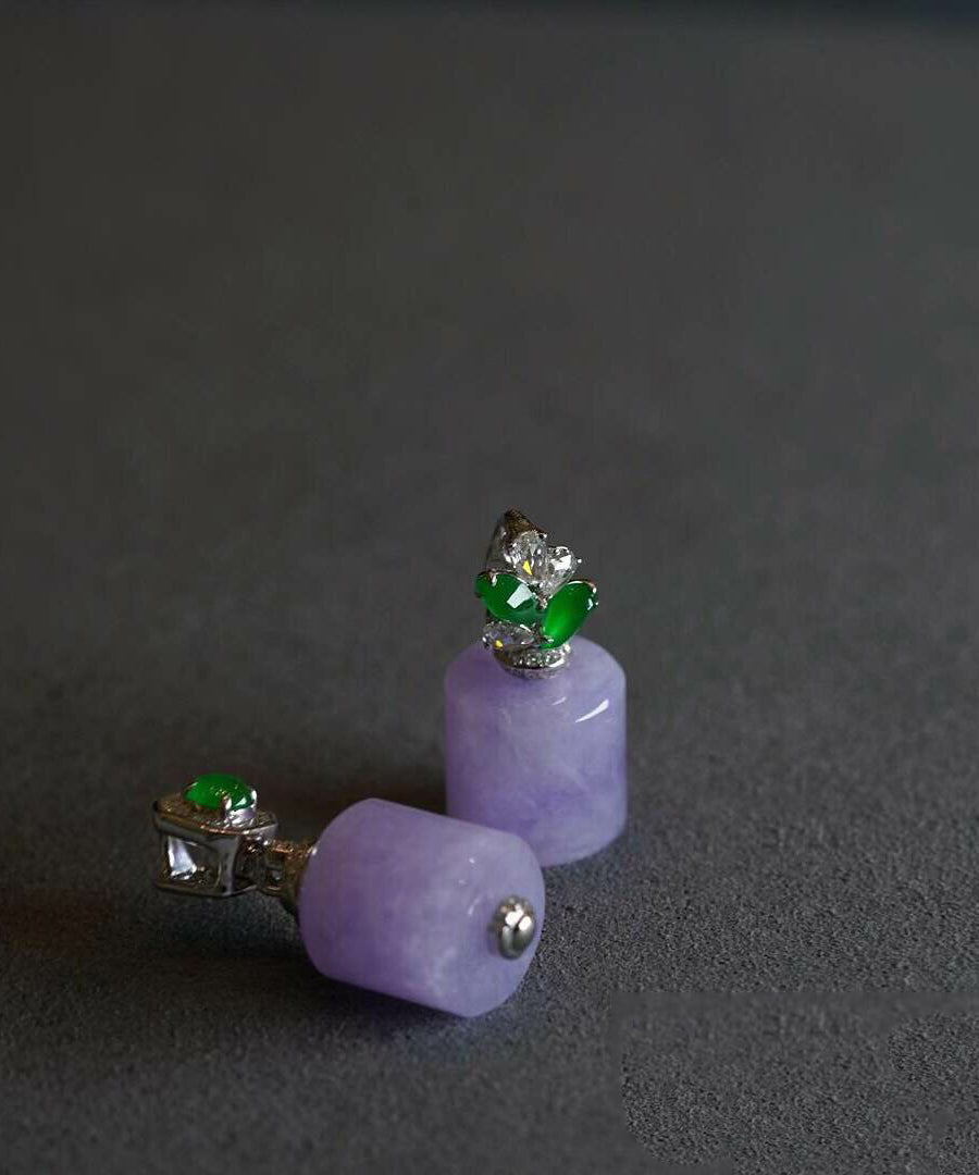 Chinese Style Purple Alloy Zircon Jade Bucket Bead Stud Earrings