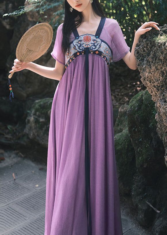 Chinese Style Purple Embroidered Wrinkled Chiffon Long Dress Summer