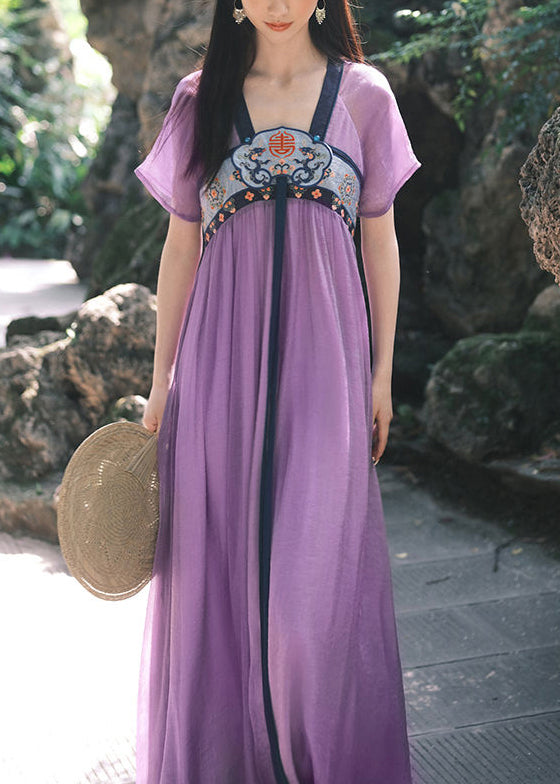 Chinese Style Purple Embroidered Wrinkled Chiffon Long Dress Summer