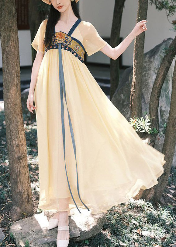 Chinese Style Purple Embroidered Wrinkled Chiffon Long Dress Summer
