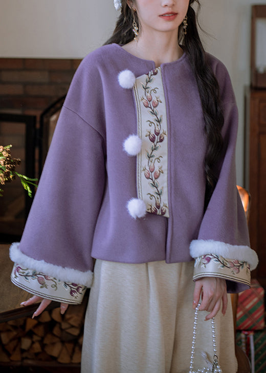 Chinese Style Purple Fur Collar Fuzzy Ball Patchwork Cotton Filled Parka Winter