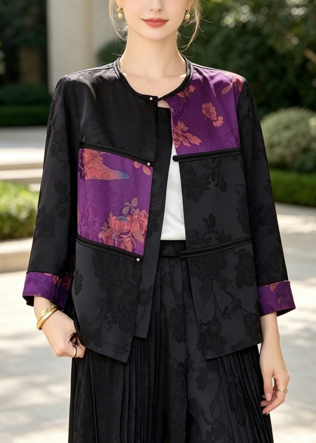 Chinese Style Purple Jacquard Patchwork Silk Coats Bracelet Sleeve