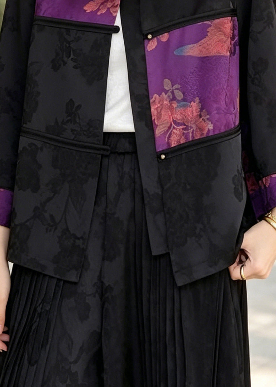 Chinese Style Purple Jacquard Patchwork Silk Coats Bracelet Sleeve