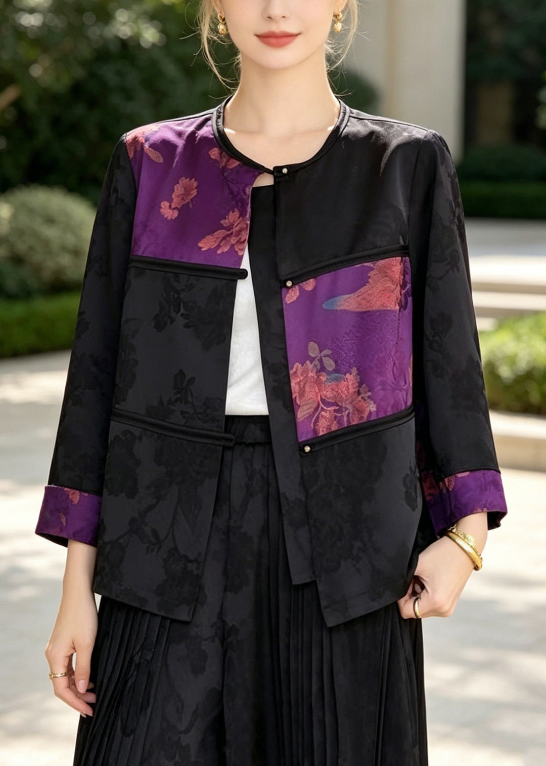 Chinese Style Purple Jacquard Patchwork Silk Coats Bracelet Sleeve