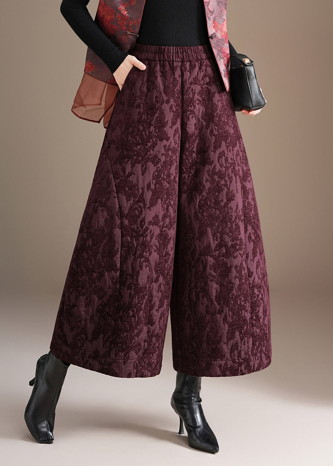 Chinese Style Purple Jacquard Pockets High Waist Wide Leg Crop Pants Fall