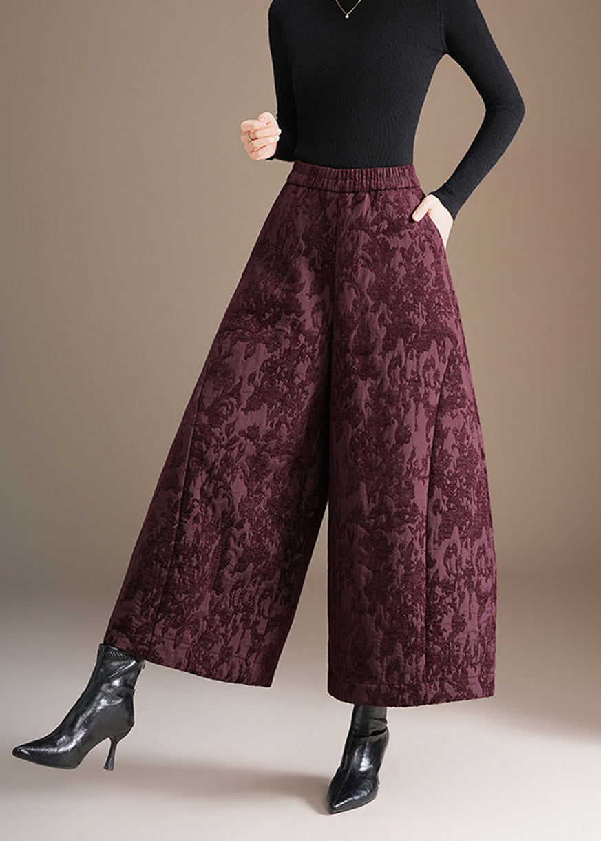 Chinese Style Purple Jacquard Pockets High Waist Wide Leg Crop Pants Fall