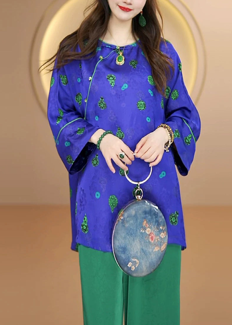 Chinese Style Purple O Neck Jacquard Silk Shirt Top Fall