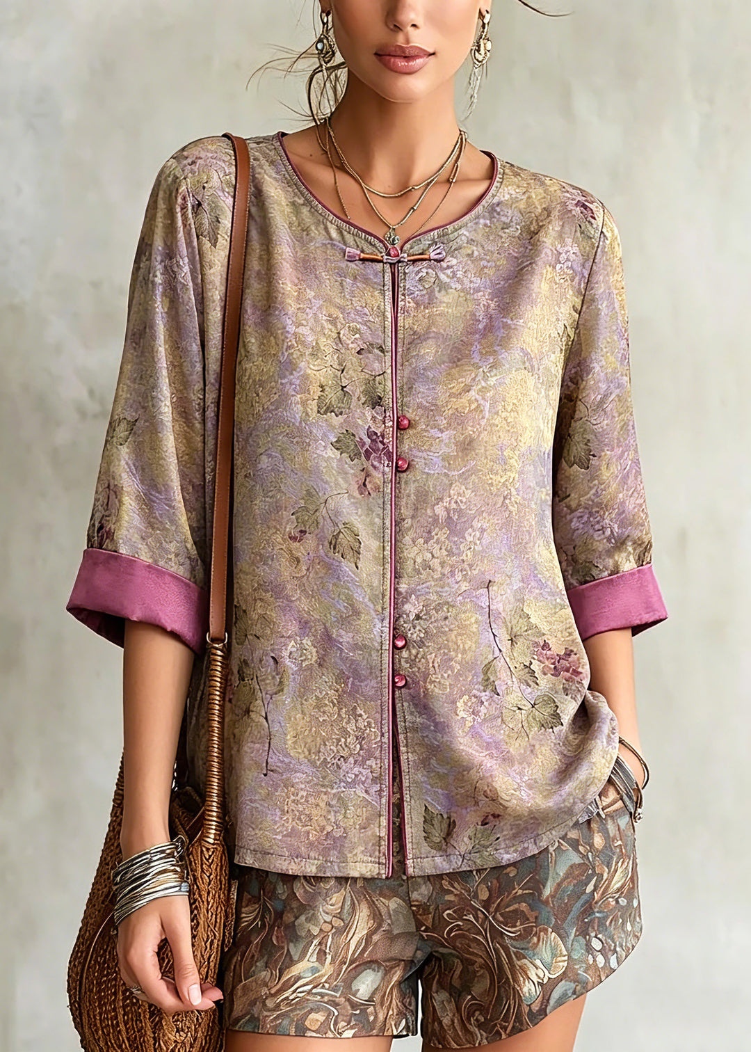 Chinese Style Purple Patchwork Button Tops Fall