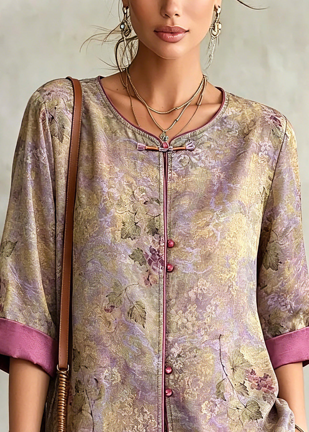 Chinese Style Purple Patchwork Button Tops Fall
