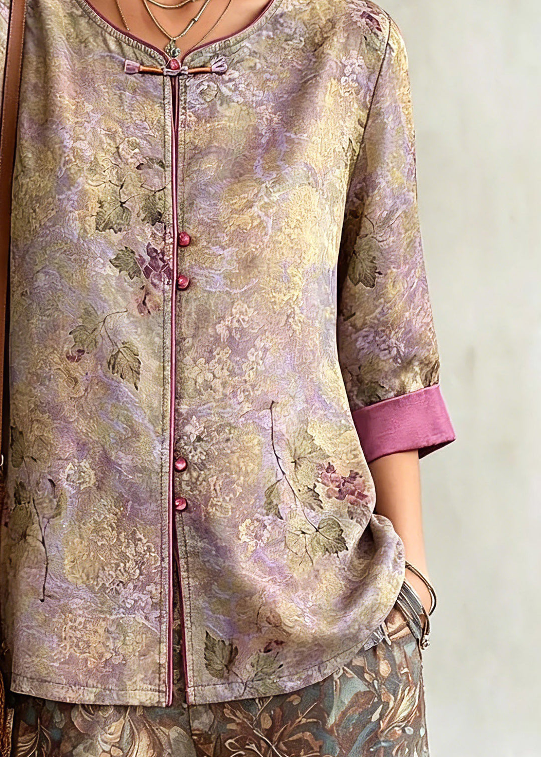 Chinese Style Purple Patchwork Button Tops Fall
