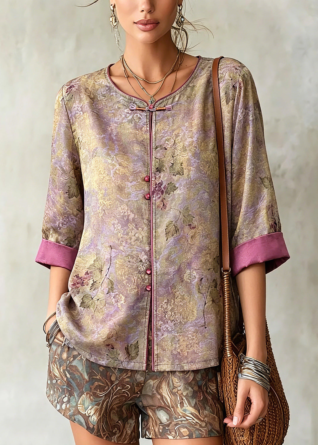 Chinese Style Purple Patchwork Button Tops Fall