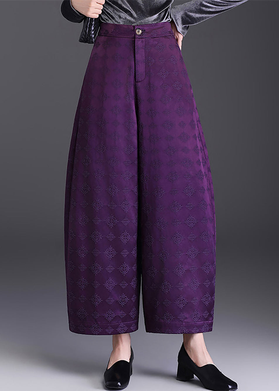 Chinese Style Purple Pockets High Waist Wide Leg Crop Pants Fall