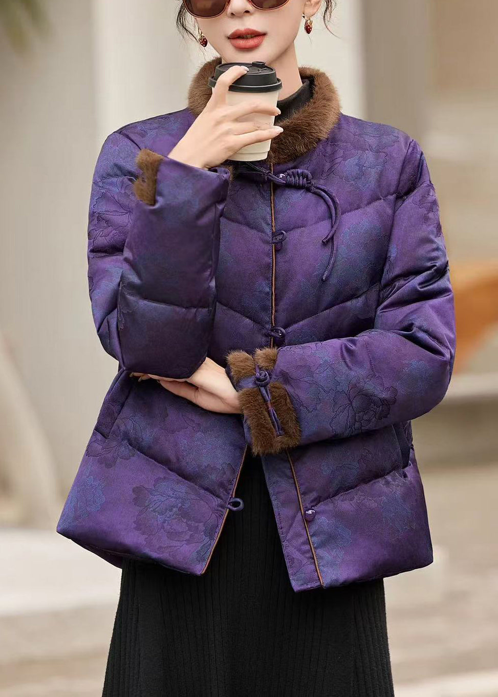 Chinese Style Purple Stand Collar Patchwork Duck Down Down Coats Winter