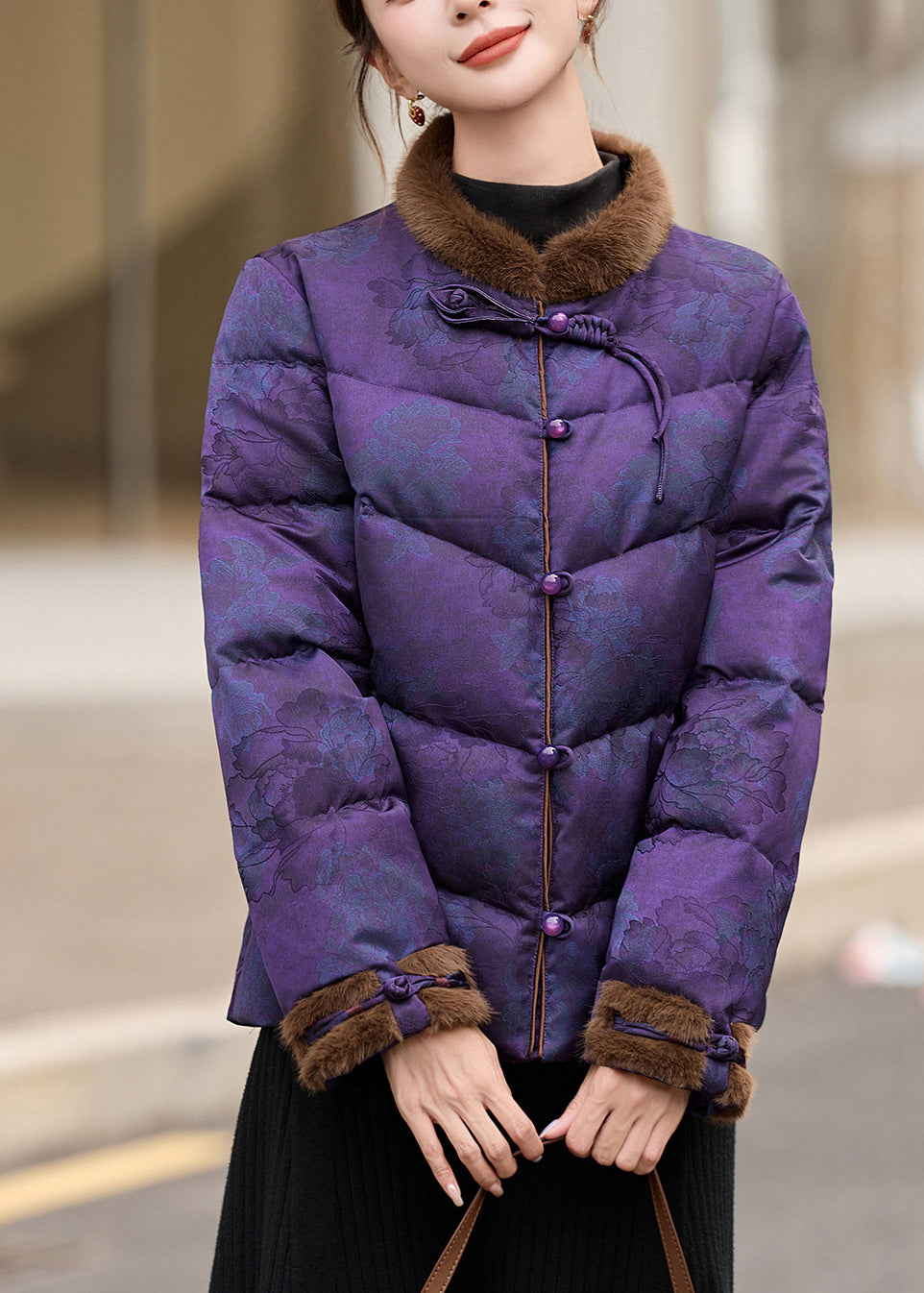 Chinese Style Purple Stand Collar Patchwork Duck Down Down Coats Winter
