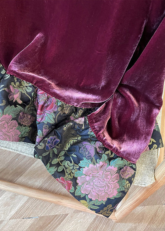 Chinese Style Purple Stand Collar Patchwork Velour Shirt Top Spring