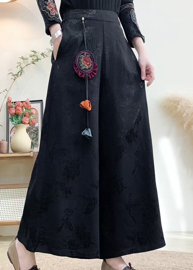 Chinese Style Purple Tassel Pockets Jacquard Silk Pants Fall