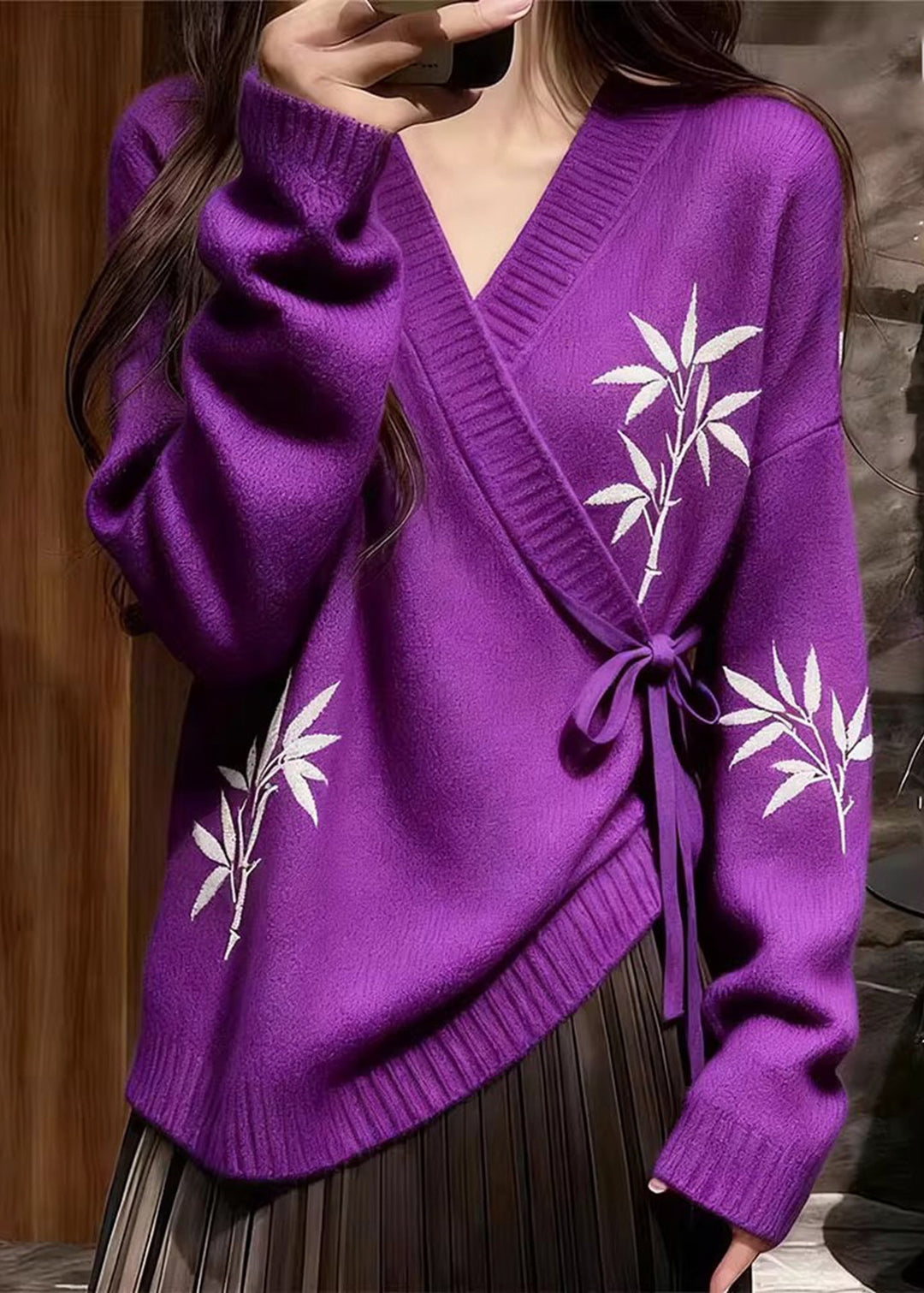 Chinese Style Purple Tie Waist Thick Print Cotton Knit Sweater Tops Fall