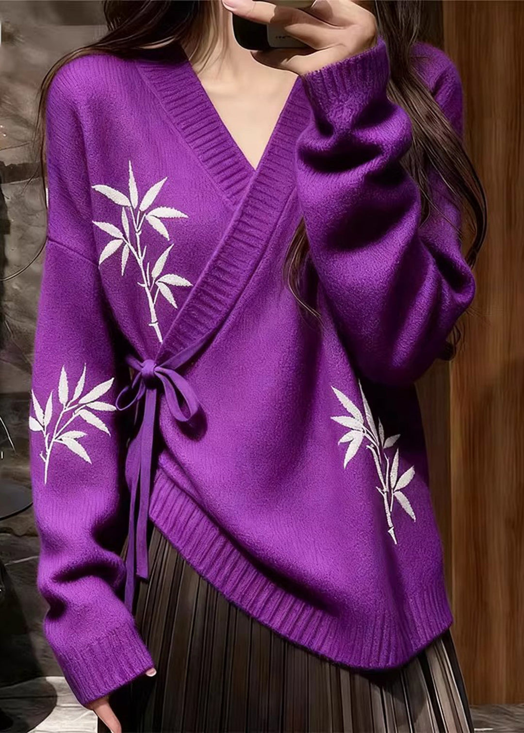 Chinese Style Purple Tie Waist Thick Print Cotton Knit Sweater Tops Fall