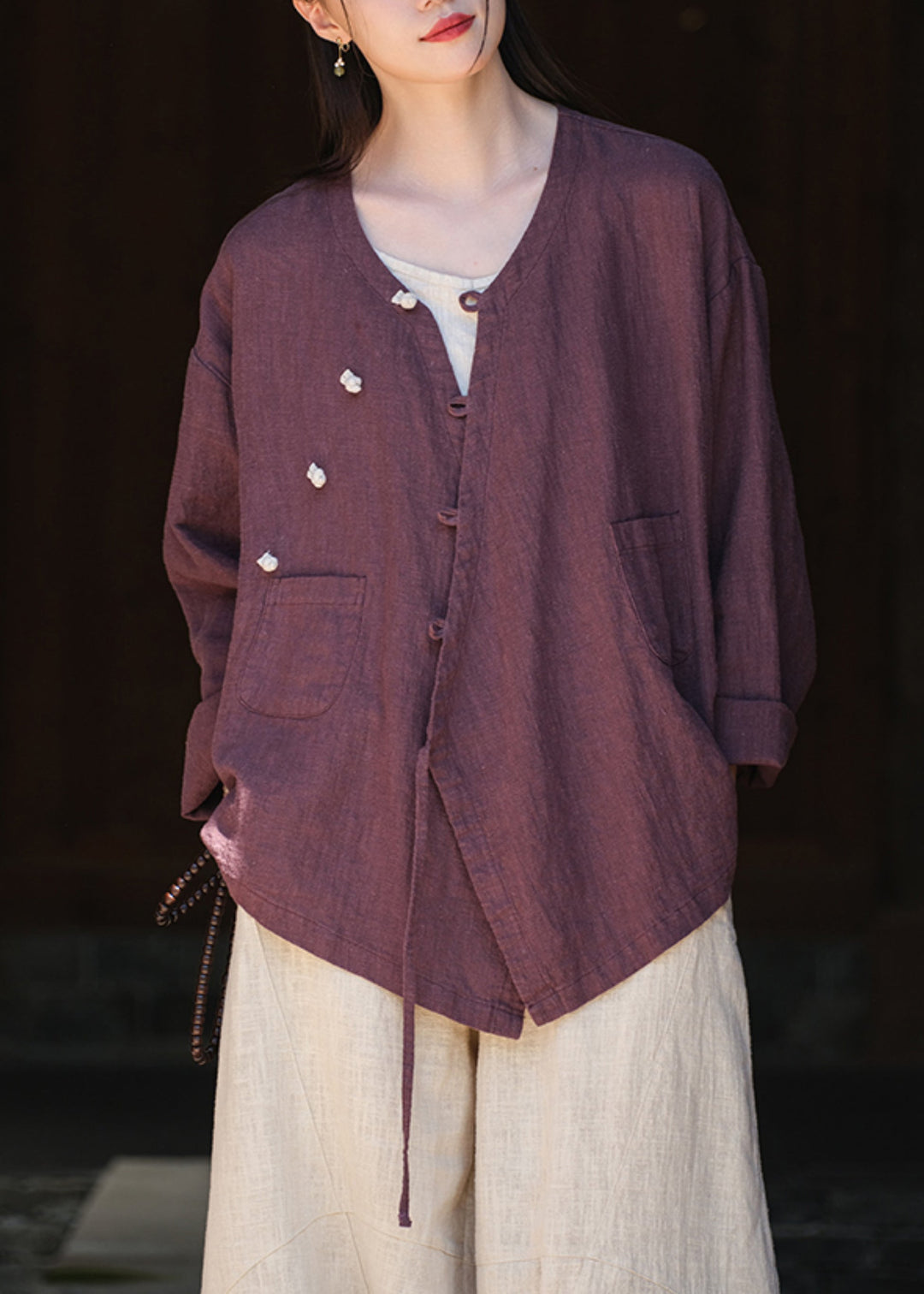 Chinese Style Purple V Neck Lace Up Pockets Cotton Blouses Fall