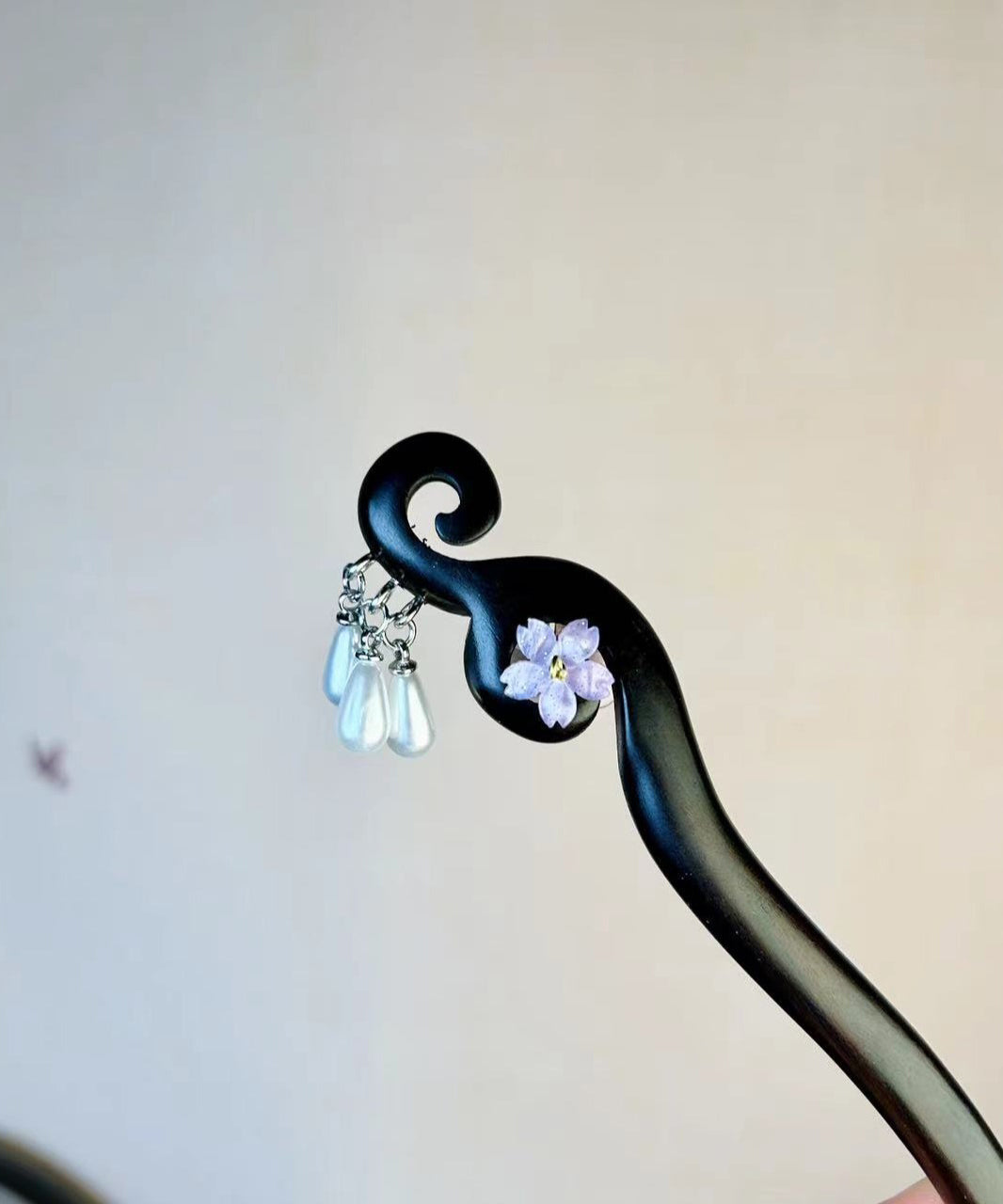 Chinese Style Purple Wooden Pearl Floral Tassel Hairpin