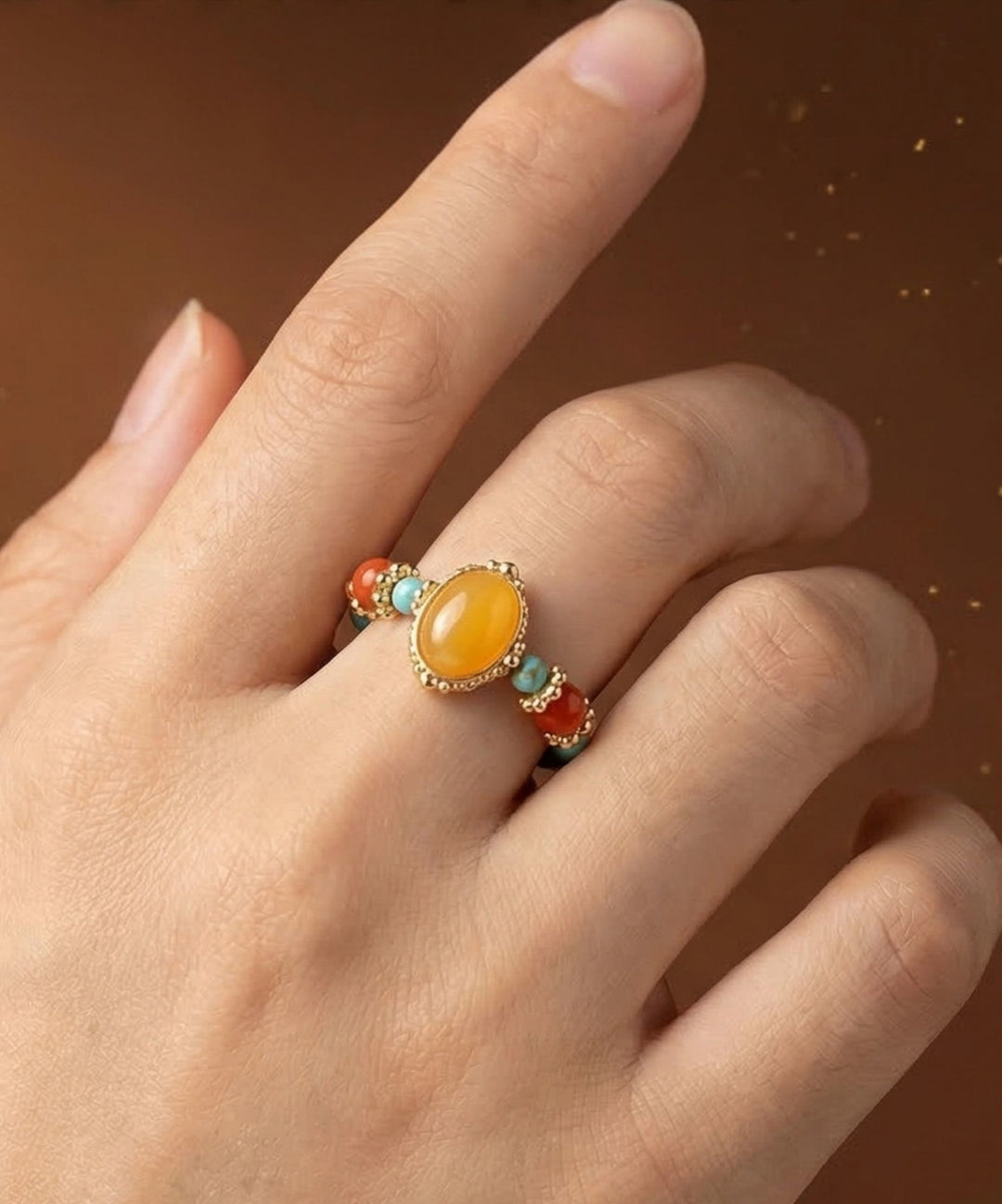 Chinese Style Rainbow Alloy Beeswax Turquoise Agate Rings