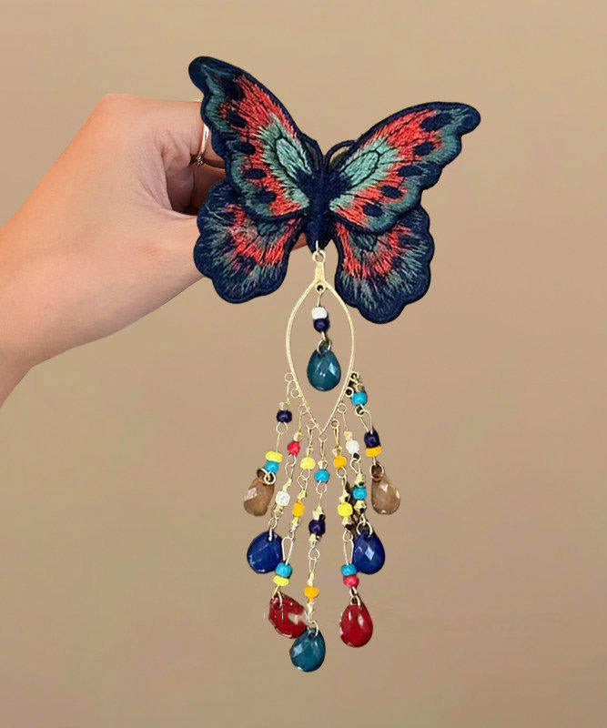 Chinese Style Rainbow Alloy Knit Glass Butterfly Tassel Hairpin