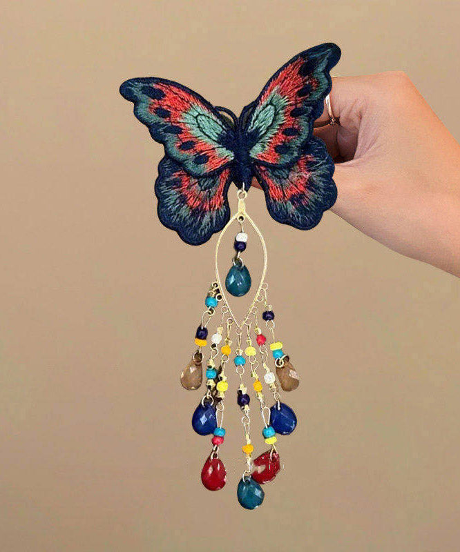Chinese Style Rainbow Alloy Knit Glass Butterfly Tassel Hairpin