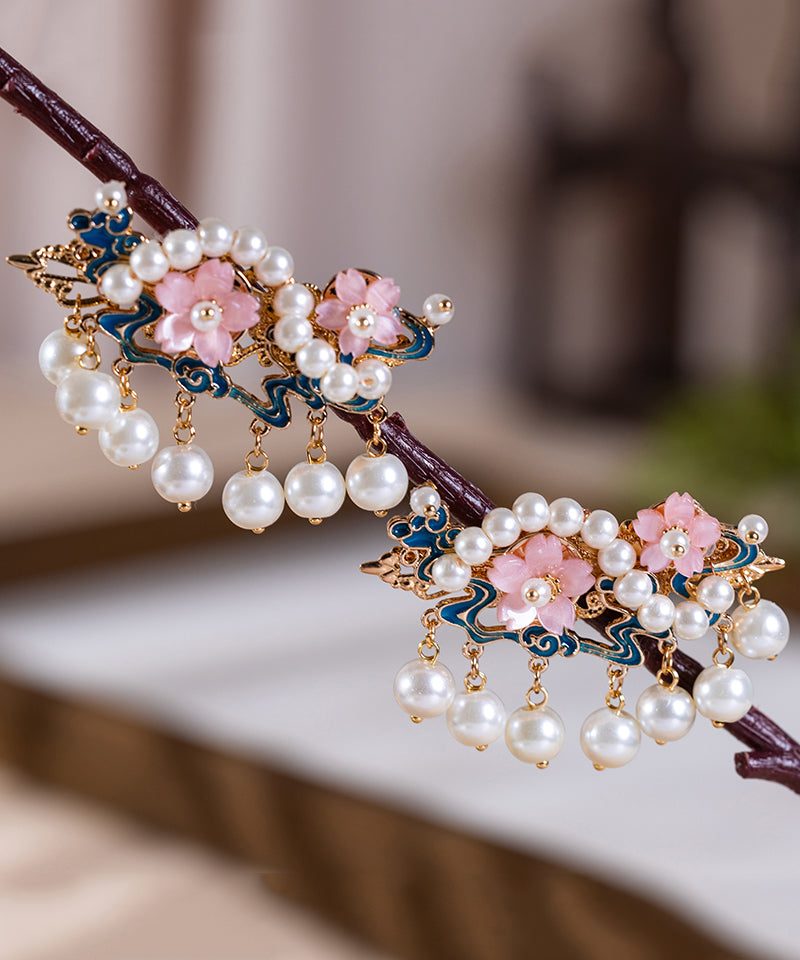 Chinese Style Rainbow Alloy Pearl Turquoise Tassel Girls Hairpin