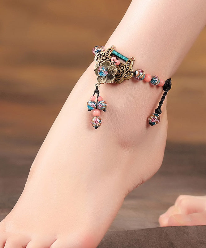 Chinese Style Rainbow Ancient Gold Weave Tassel Anklets