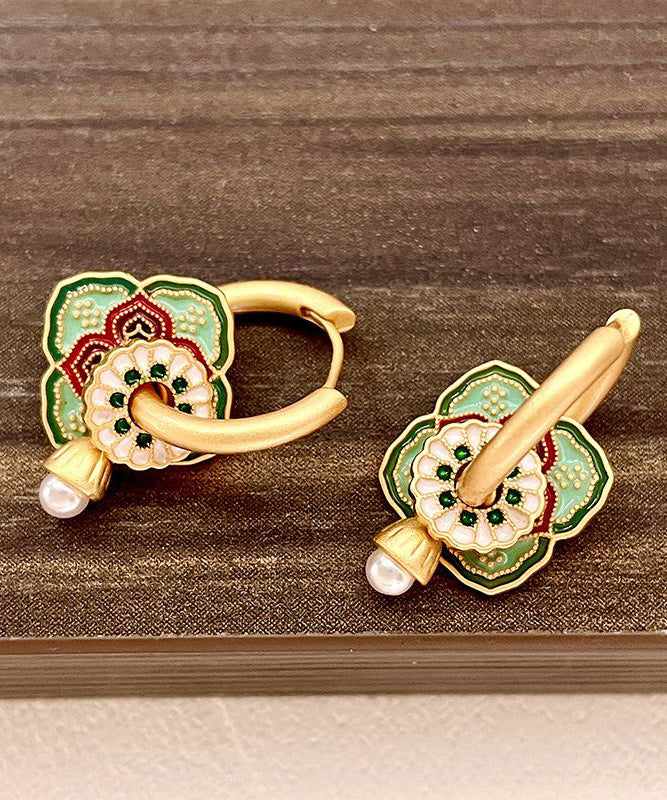 Chinese Style Rainbow Copper Overgild Dripping Glaze Floral Hoop Earrings