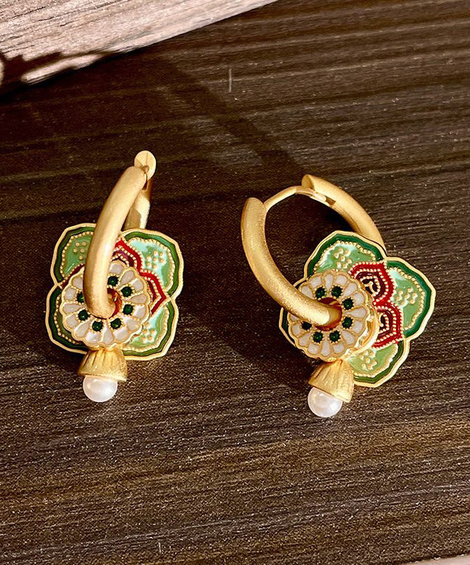 Chinese Style Rainbow Copper Overgild Dripping Glaze Floral Hoop Earrings