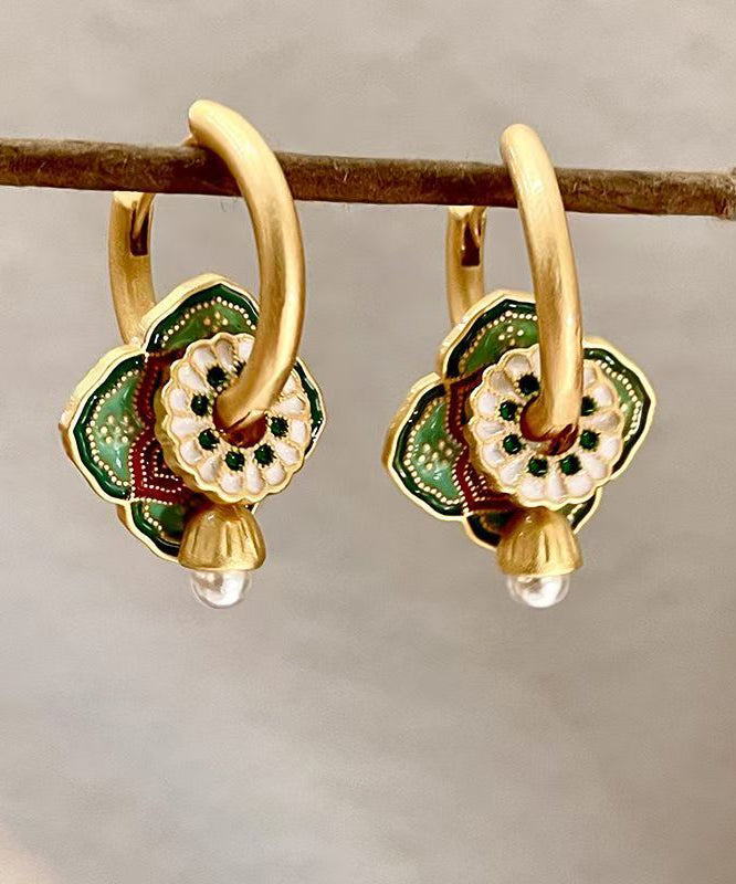 Chinese Style Rainbow Copper Overgild Dripping Glaze Floral Hoop Earrings