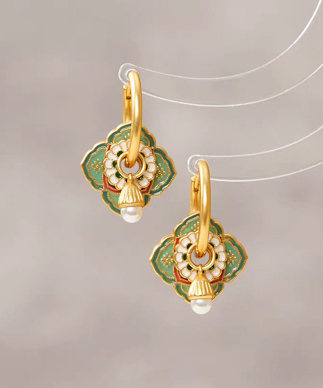 Chinese Style Rainbow Copper Overgild Dripping Glaze Floral Hoop Earrings