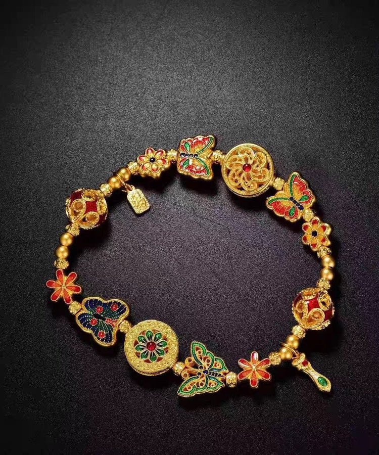 Chinese Style Rainbow Sterling Silver Overgild Enamel Butterfly Charm Bracelet - Omychic