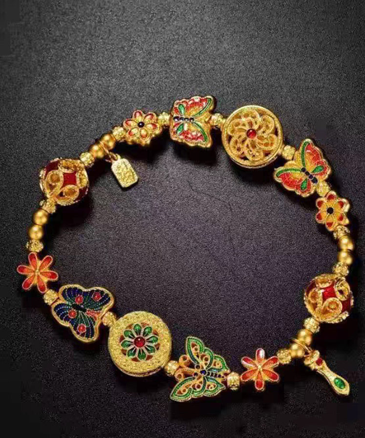 Chinese Style Rainbow Sterling Silver Overgild Enamel Butterfly Charm Bracelet - Omychic