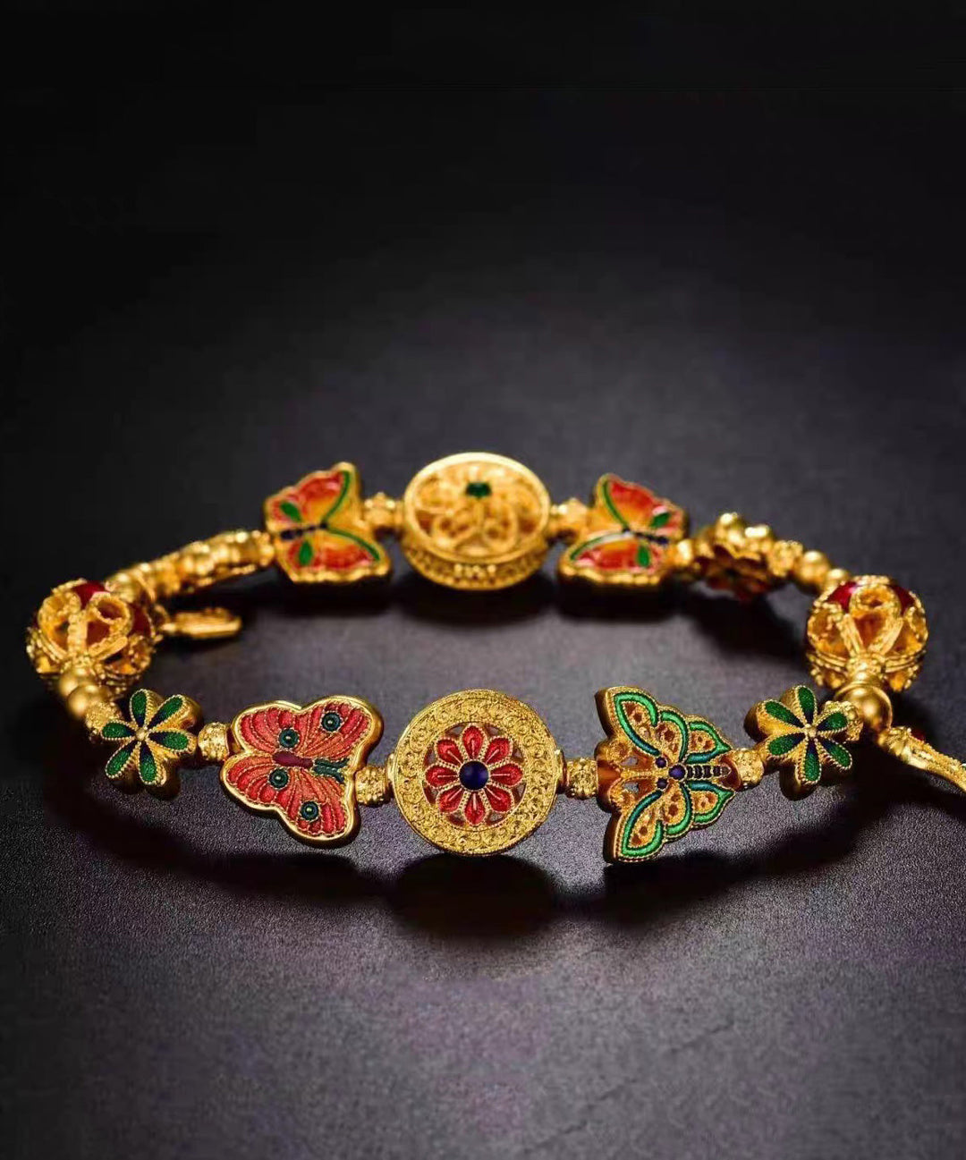 Chinese Style Rainbow Sterling Silver Overgild Enamel Butterfly Charm Bracelet - Omychic