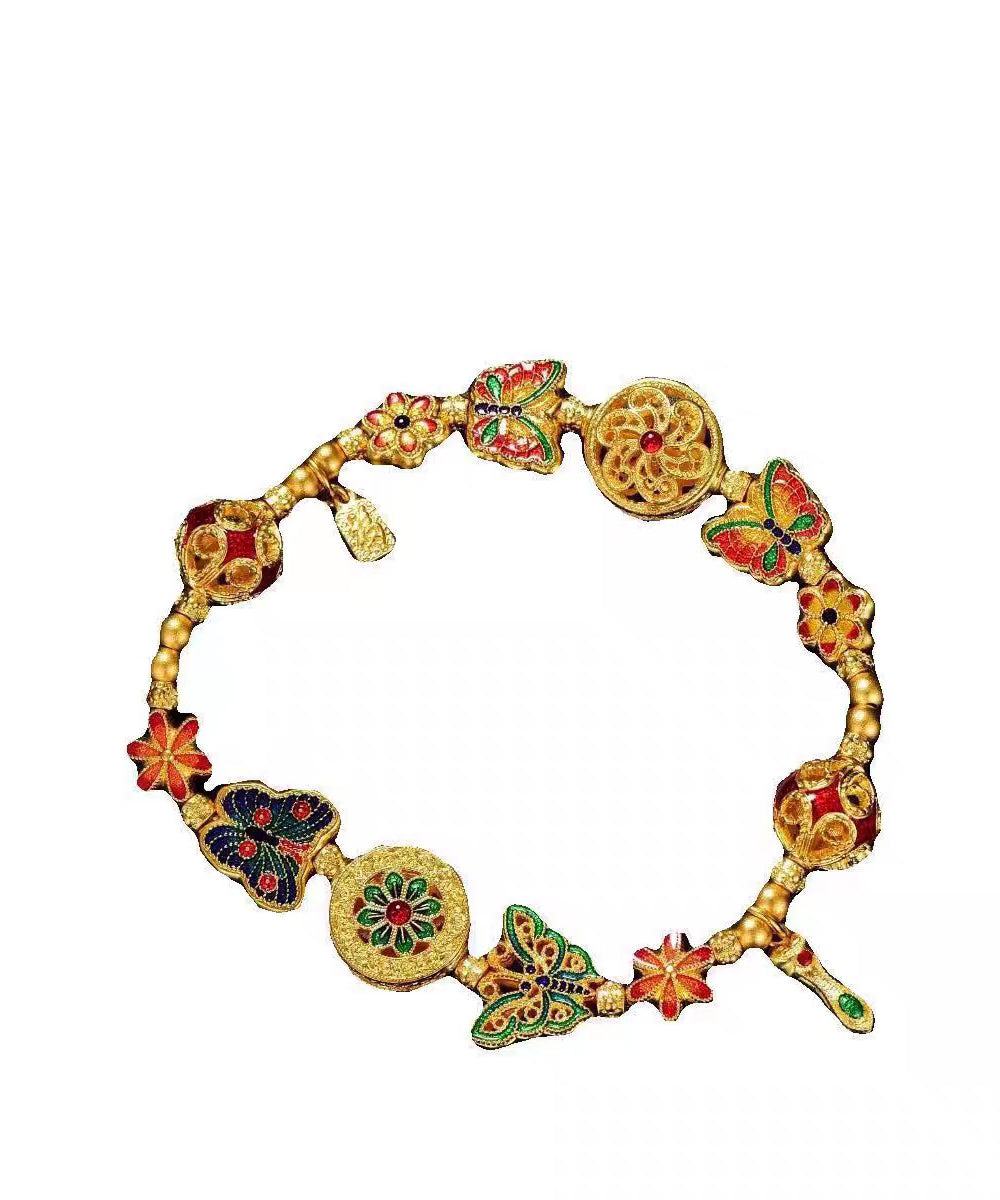 Chinese Style Rainbow Sterling Silver Overgild Enamel Butterfly Charm Bracelet - Omychic