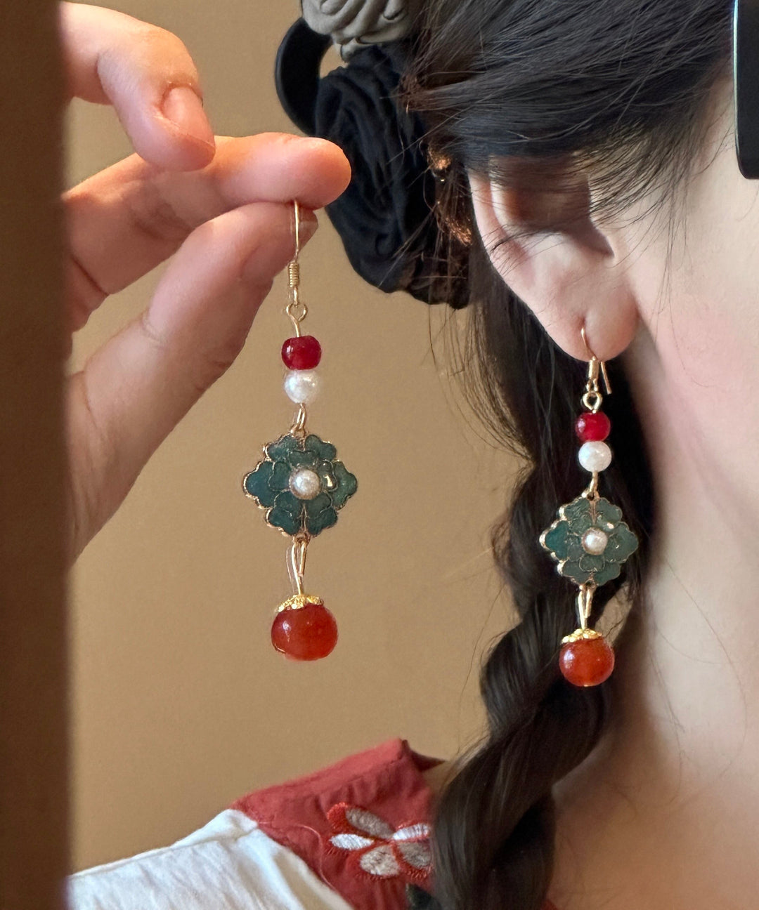 Chinese Style Rainbow Sterling Silver Overgild Enamel Pearl Drop Earrings